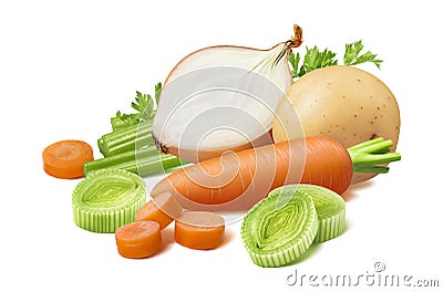 Potato, leek, celery, carrot and onion isolated on white background Stock Photo