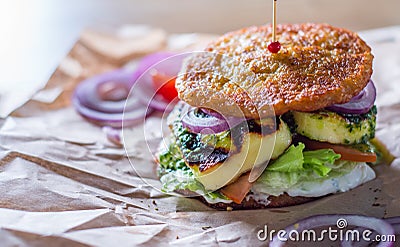 Potato pancakes with fried cheese, vegetables Stock Photo