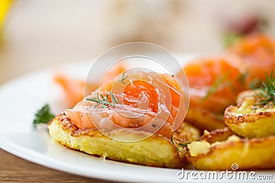 Potato pancakes with salted salmon Stock Photo