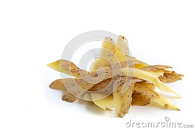 Potato peelings on white background Stock Photo