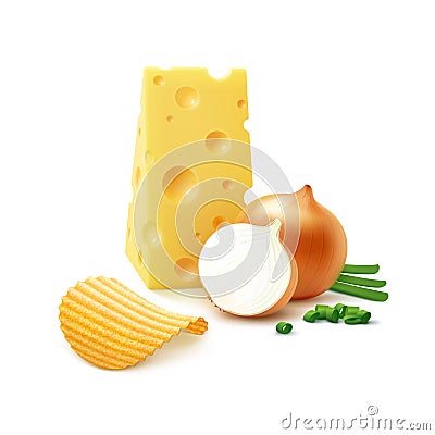 Potato Ripple Chips with Cheese Onion Close up Vector Illustration