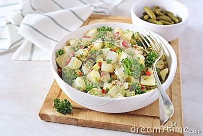 Potato salad with pickled cucumbers, parsley and mustard sauce Stock Photo