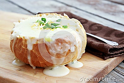 Potato Soup in Bread Bowl Stock Photo