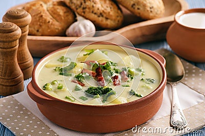 Potato soup with broccoli, cheese and bacon. Stock Photo