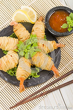 Potato String Prawns Stock Photo