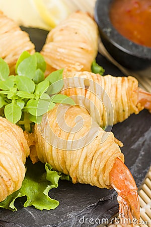 Potato String Prawns Stock Photo