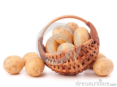 Potato tuber in wicker basket isolated on white background Stock Photo