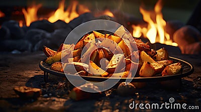 Potato wedges done on fire during camping Cartoon Illustration