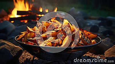 Potato wedges done on fire during camping Cartoon Illustration