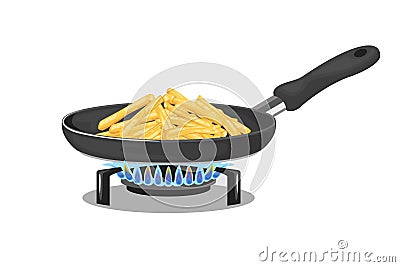 Potatoes French Fries. Frying pan on gas stove isolated on white background. Vector Illustration