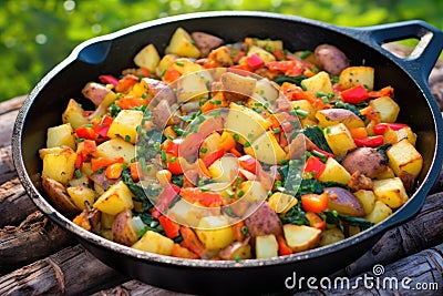 potatoes and sausage meal cooked in a cast-iron skillet Stock Photo