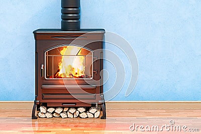 Potbelly stove, wood burner stove in room near wall, 3D Stock Photo