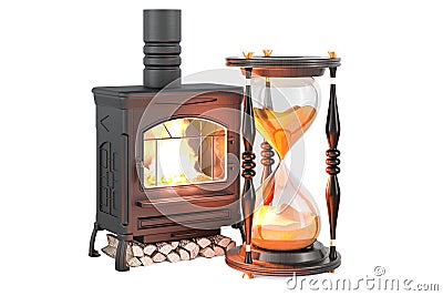 Potbelly stove, wood burner stove with sand hourglass, 3D rendering Stock Photo