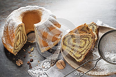 Potica, traditional Slovenian bread cake roll with walnuts Stock Photo