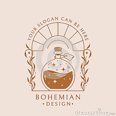 Potion boho logo. Trendy vector emblem with bottle and plants Vector Illustration