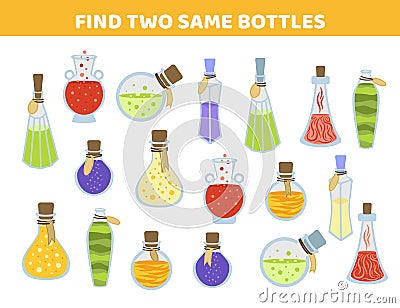 Potion bottles. Find two same pictures. Game for children. Flat, cartoon, vector Vector Illustration