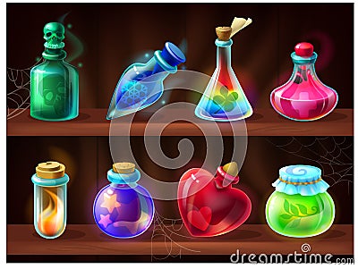 Potion bottles. Game alchemist liquids on wooden shelf, cartoon love potion, poison, magic elixir. Vector set of fantasy Vector Illustration