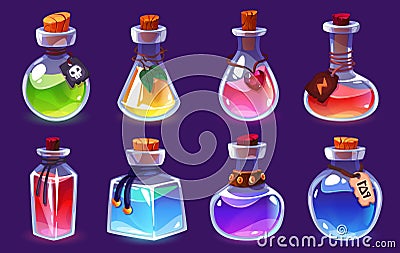 Potion bottles. Magic alchemist elixirs, different forms vials, various colors liquid. Game interface objects, fantasy Vector Illustration