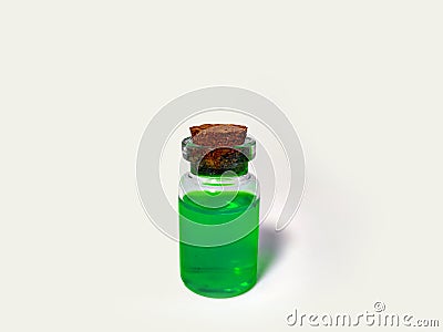 Potion with green liquid. Alchemy set with flask. small glass bottle with colored liquid for game role play. magic potions with Stock Photo