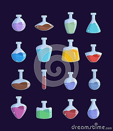 Potion jar. Witchcraft magic bottles game design objects antidot vector pictures set Vector Illustration