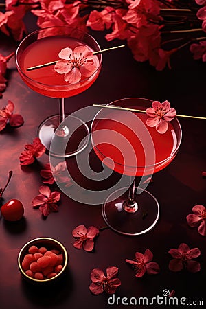 Potion pink love cherry cocktail with flowers in a thin stemmed glass on dark purple background. Stock Photo