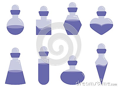 Potion, set of magical, love elixirs in a bottle in one color, elements and stickers Vector Illustration