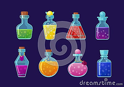 Potions vector cartoon illustrations set. Magic drinks, fairy elixirs, substance with bubbles, witch beverages. Corked Vector Illustration