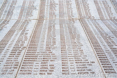 Potocari, Bosnia and Herzegovina - July 31, 2019. List of genocida victims during Srebrenica massacre Editorial Stock Photo