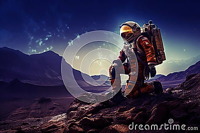 Astronaut alone on alien planet. Generative AI Stock Photo