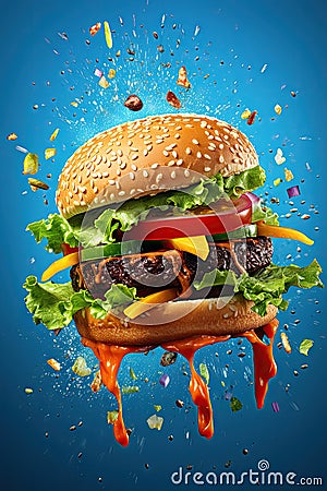 Potrait of delicious fresh flying burger Stock Photo