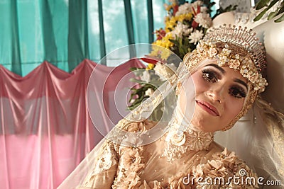 Potrait of pretty bride on the wedding party Stock Photo