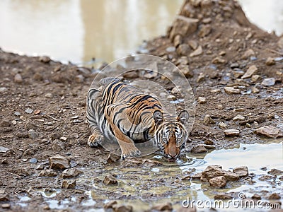 Potrait shot of Tigress Tiger in natural habitat with cub Stock Photo