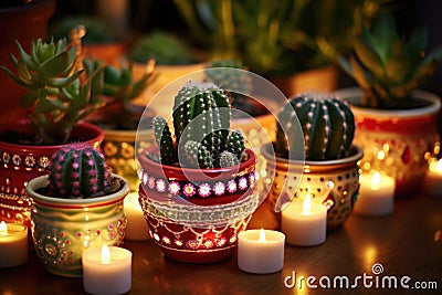 pots of christmas cacti decorated with fairy lights Stock Photo