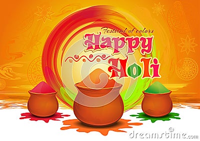 Pots with colorful gulaal, powder color for festival of colors Happy Holi. Happy Holi greeting card Vector Illustration