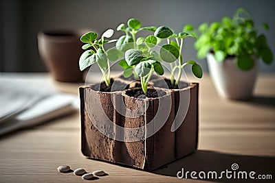 Pots for growing seedlings are on a wooden table, Generative AI 2 Stock Photo