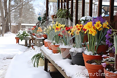 pots of seasonal flowers next to a snow-covered outdoor dance area Stock Photo