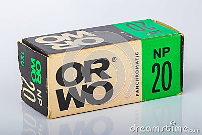 Potsdam, Germany - Aug 11, 2018. Old original packaging of a ORWO (Original Wolfen) NP20 ( Editorial Stock Photo