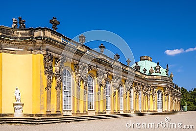 Potsdam, Germany - Rococo style facade of the Sanssouci summer palace of the Prussian king Frederick the Great in the Sanssouci Editorial Stock Photo