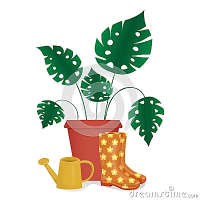 Potted flower, rubber boots and a watering can. Vector Illustration