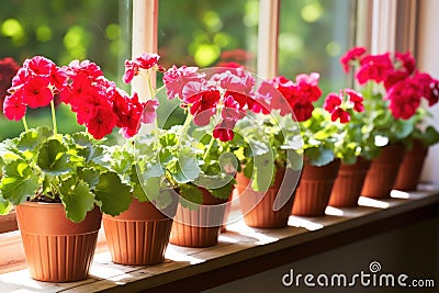 potted geraniums lined up on a sunlit patio Stock Photo