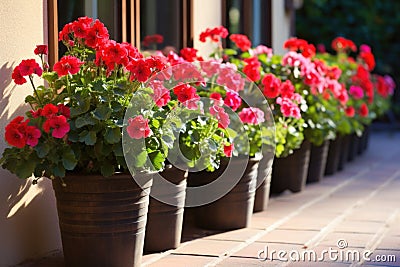 potted geraniums lined up on a sunlit patio Stock Photo