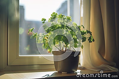 potted indoor plant on sunny windowsill, view of the outside world Stock Photo