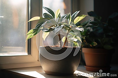 potted indoor plant on sunny windowsill, view of the outside world Stock Photo