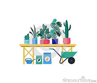 Potted indoor plants on a bench with gardening tools. Home garden setting with watering can and fertilizer bags Vector Illustration