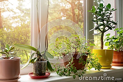 potted indoor plants on sunny windowsill Stock Photo
