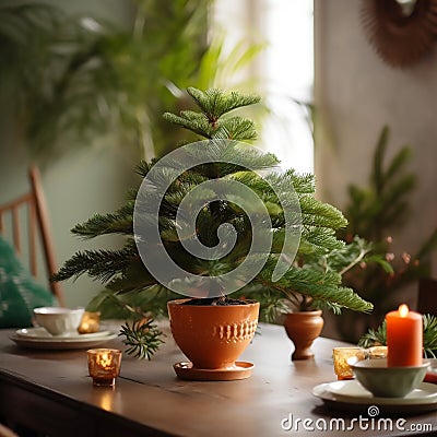 potted Norfolk Island pine tree on a decorated table Stock Photo