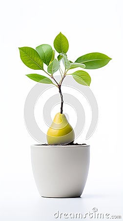 potted pear baby tree, carefully nurtured and isolated against a pristine white background. Stock Photo