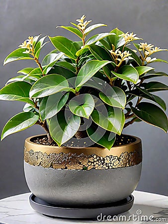 a potted plant sitting on top of a table, lush plants and bonsai trees, houseplant, tropical houseplants. Stock Photo