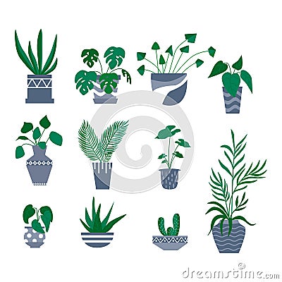 Potted plants decorative collection. Flat colorful vector illustration. Stock Photo