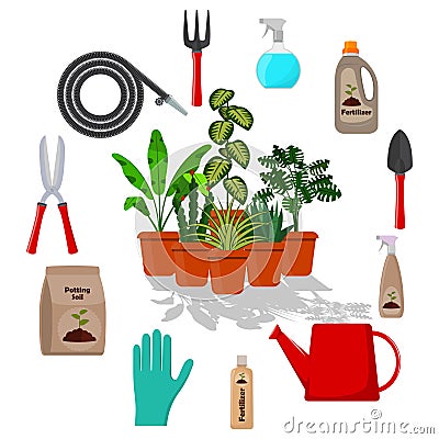 Potted plants surrounded by garden tools. Set of gardening tools, potting soil, various fertilizers in bottles. Vector illustratio Cartoon Illustration